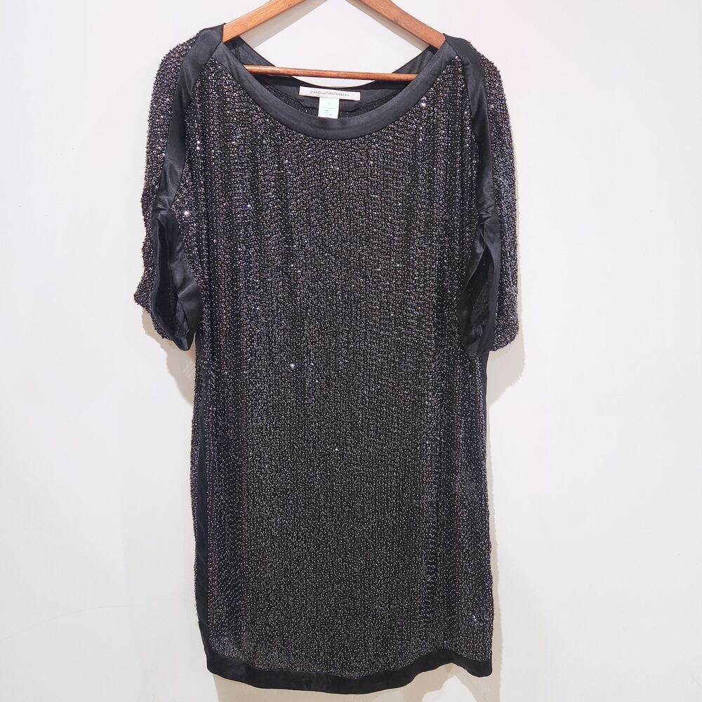Diane Von Furstenberg Womens Silk Black Beaded Sequin Tunic Mini Dress Size 4